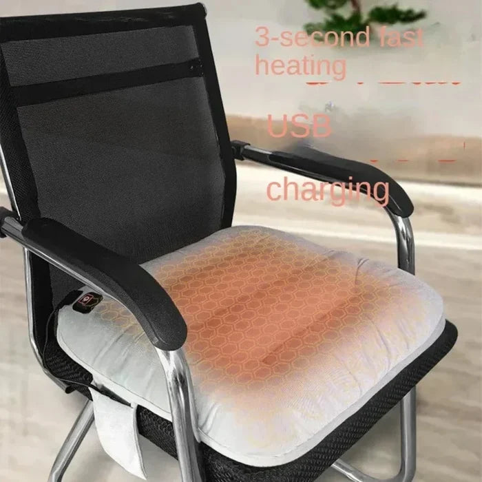 Adjustable Chair Cushion with Heat Function: gray, orange/yellow glow heated cushion/pad, minimal style