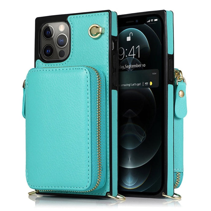 Adjustable Crossbody Strap Zippered Wallet Case for iPhone, Ensuring Clarity and Distinction from the Original Product: turqu