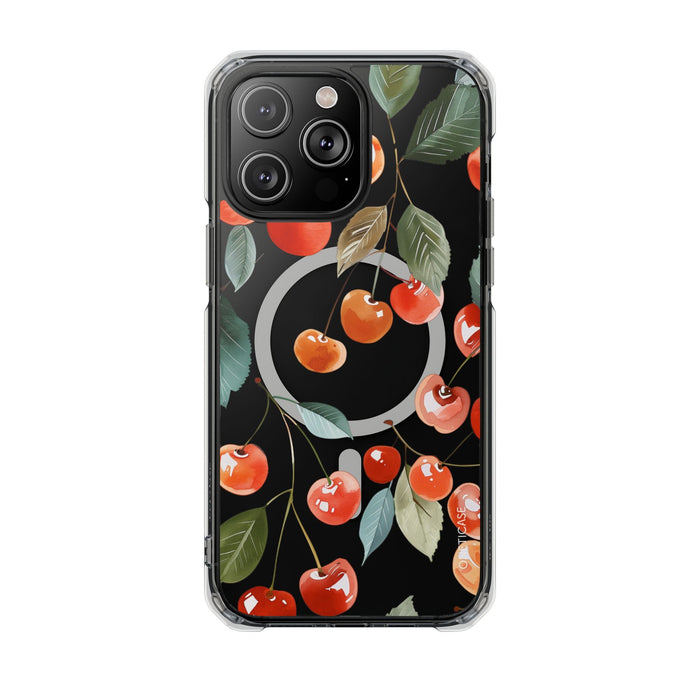 Adorable Cherry-themed Transparent Magnetic Phone Case for iPhone Models: black, red cherries and leaves, botanical cartoon p