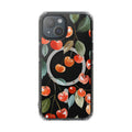 Adorable Cherry-themed Transparent Magnetic Phone Case for iPhone Models: black, red cherries and leaves, botanical cartoon p