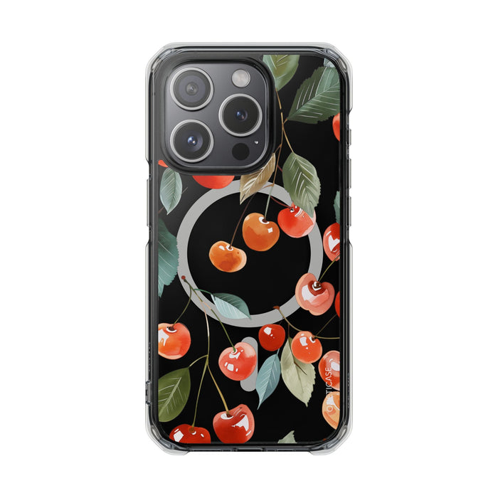 Adorable Cherry-themed Transparent Magnetic Phone Case for iPhone Models: black, red cherries and leaves, botanical cartoon p
