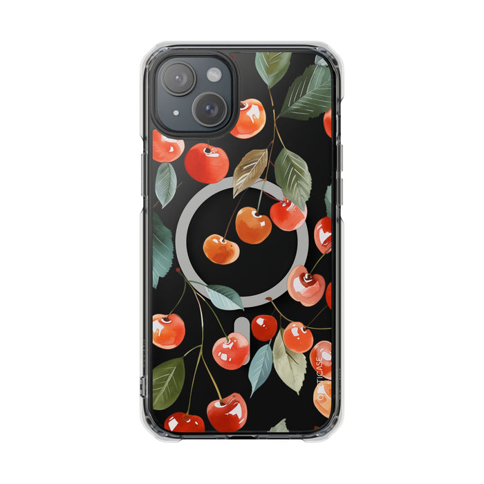 Adorable Cherry-themed Transparent Magnetic Phone Case for iPhone Models: black, red cherries and leaves, botanical cartoon p