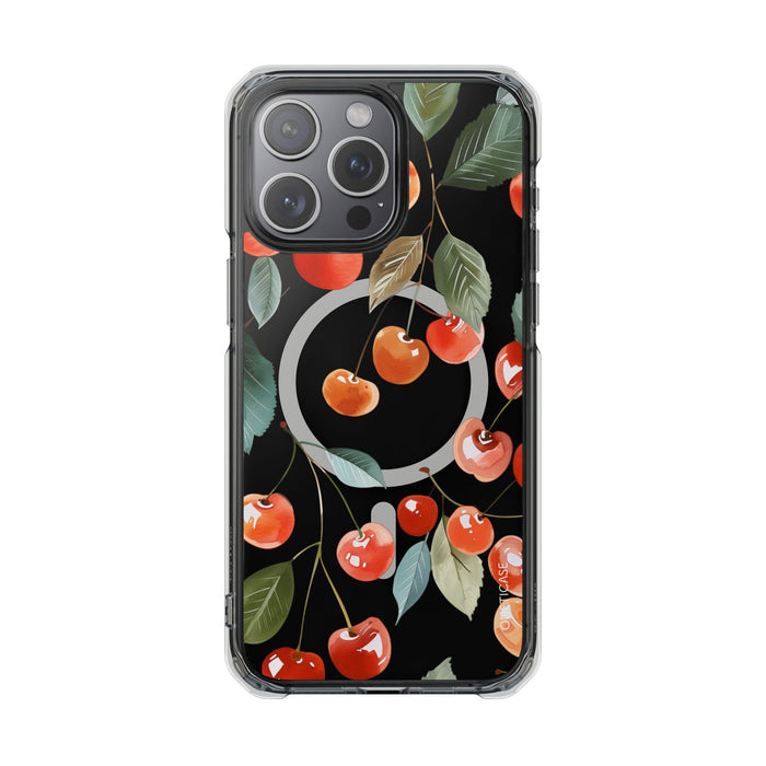 Adorable Cherry-themed Transparent Magnetic Phone Case for iPhone Models: black, red cherries and leaves, botanical cartoon p