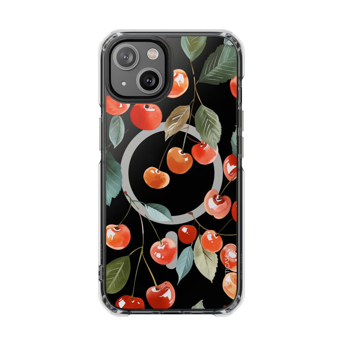Adorable Cherry-themed Transparent Magnetic Phone Case for iPhone Models: black, red cherries and leaves, botanical cartoon p
