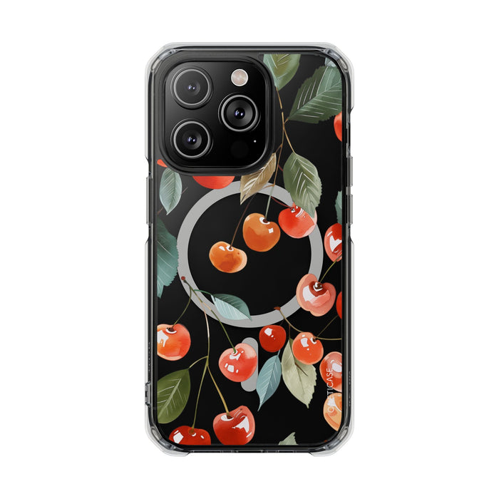 Adorable Cherry-themed Transparent Magnetic Phone Case for iPhone Models: black, red cherries and leaves, botanical cartoon p