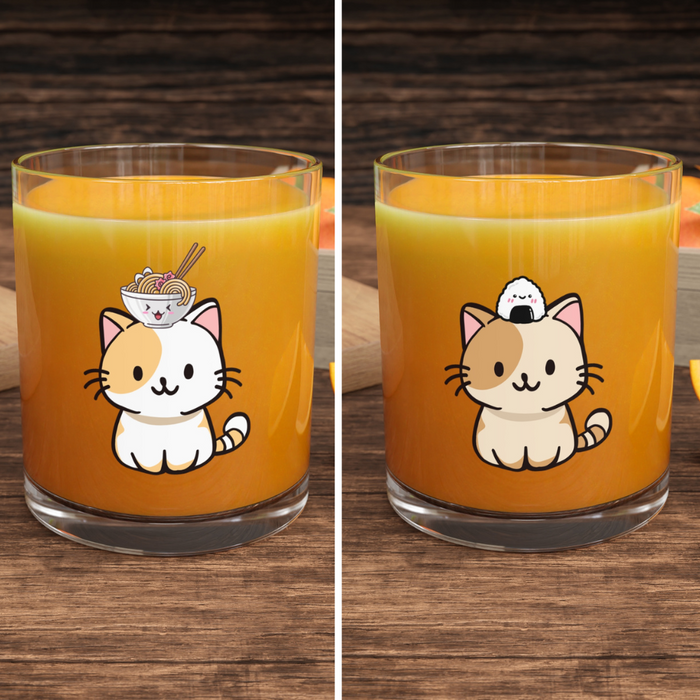 Adorable Foodie Cat Mug Set (2 Pcs): clear, orange cat character, kawaii cartoon style