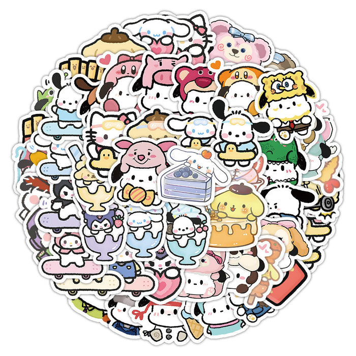 Adorable Laptop Decal Stickers: white, pink Sanrio-style cartoon characters including Hello Kitty, My Melody, Kuromi, Cinnamo