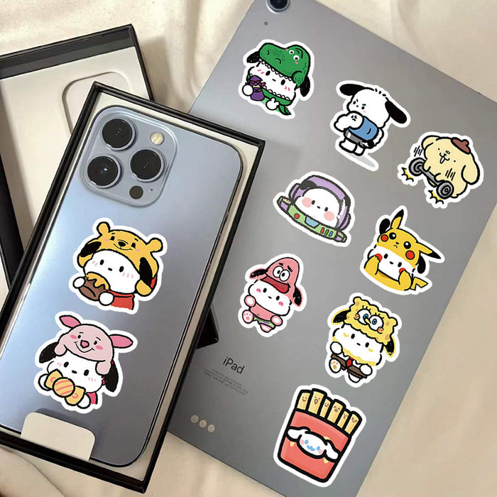 Adorable Laptop Decal Stickers: white, pink Sanrio-style cartoon characters including Hello Kitty, My Melody, Kuromi, Cinnamo