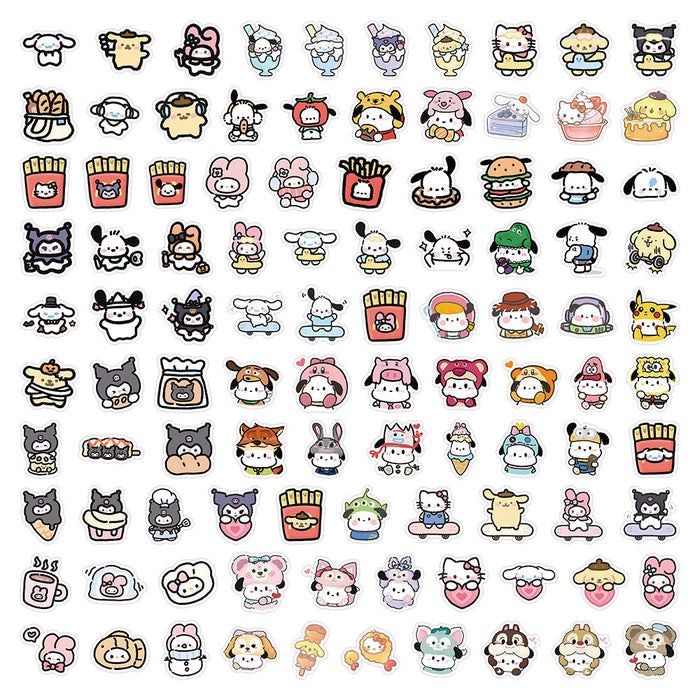Adorable Laptop Decal Stickers: white, pink Sanrio-style cartoon characters including Hello Kitty, My Melody, Kuromi, Cinnamo