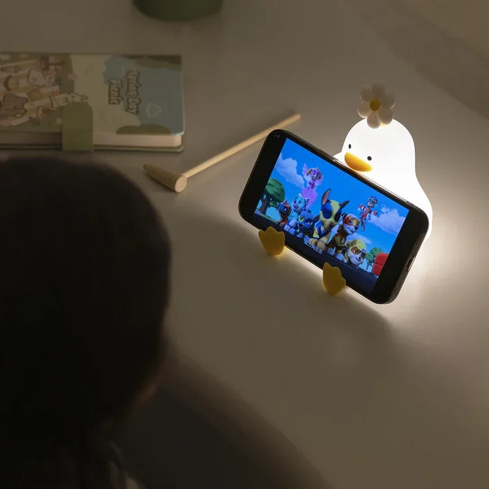 Adorable LED Duck Mobile Phone Stand with Touch Lamp: white, yellow duck character, kawaii cartoon style