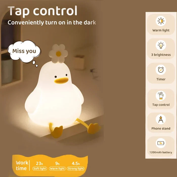 Adorable LED Duck Mobile Phone Stand with Touch Lamp: white, yellow duck character, kawaii cartoon style
