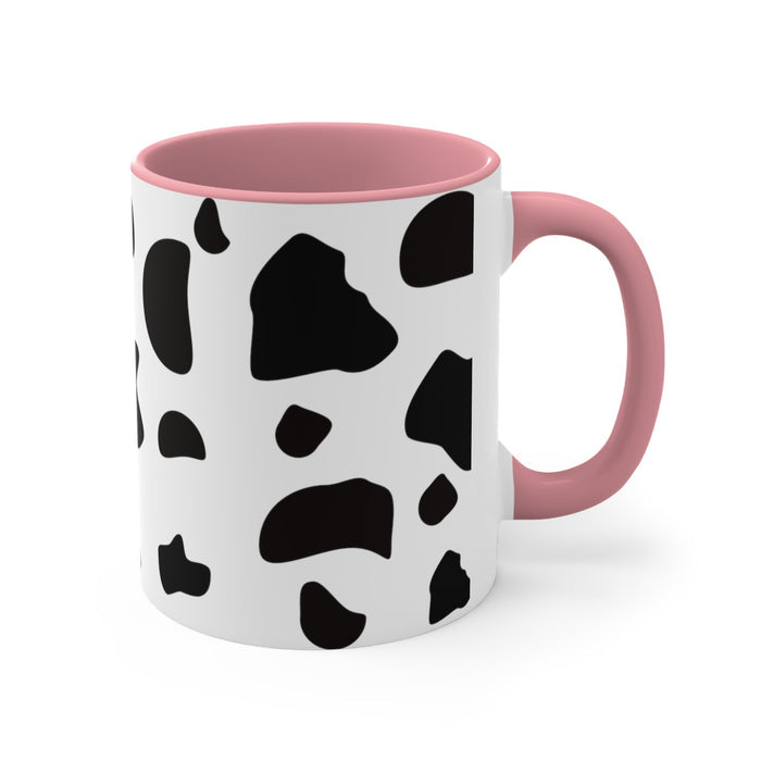 Adorable Pink Mug, A Delightfully Charming Choice: white, black cow print pattern, cartoon style