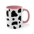 Adorable Pink Mug, A Delightfully Charming Choice: white, black cow print pattern, cartoon style