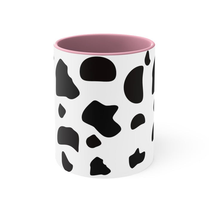 Adorable Pink Mug, A Delightfully Charming Choice: white, black cow print pattern, cartoon style