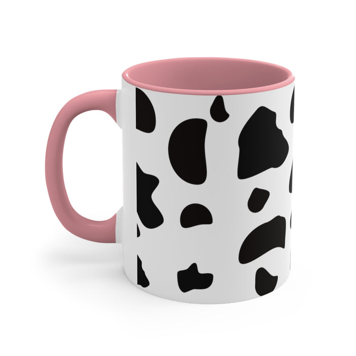 Adorable Pink Mug, A Delightfully Charming Choice: white, black cow print pattern, cartoon style