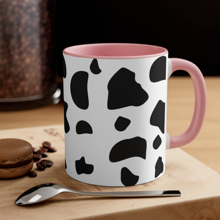 Adorable Pink Mug, A Delightfully Charming Choice: white, black cow print pattern, cartoon style