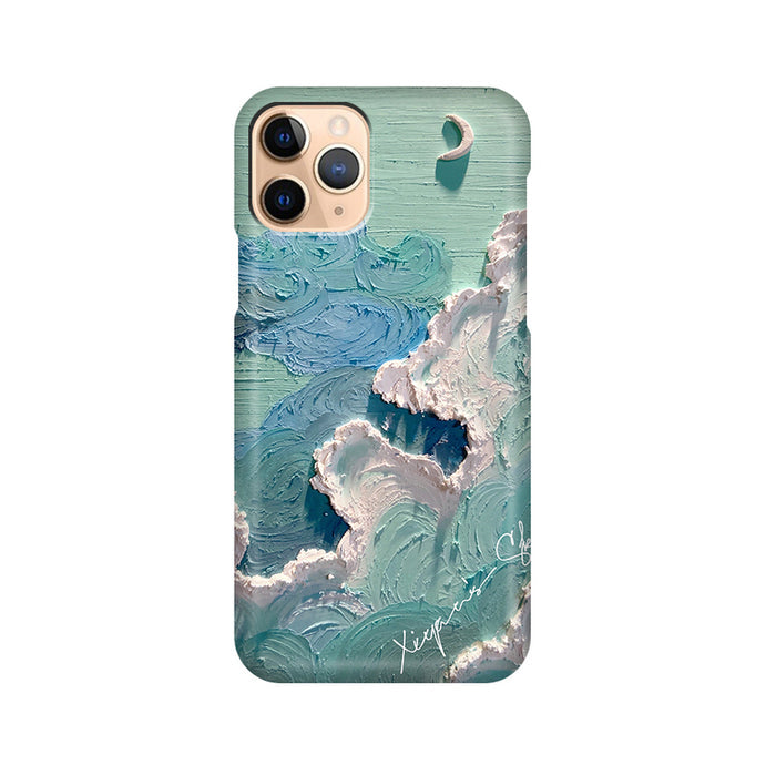 Aesthetic Sky Phone Cases with 3D-like Design: light blue, white moon and cloud sky theme, artistic, dreamy, textured style
