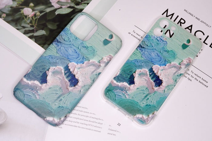 Aesthetic Sky Phone Cases with 3D-like Design: light blue, white moon and cloud sky theme, artistic, dreamy, textured style