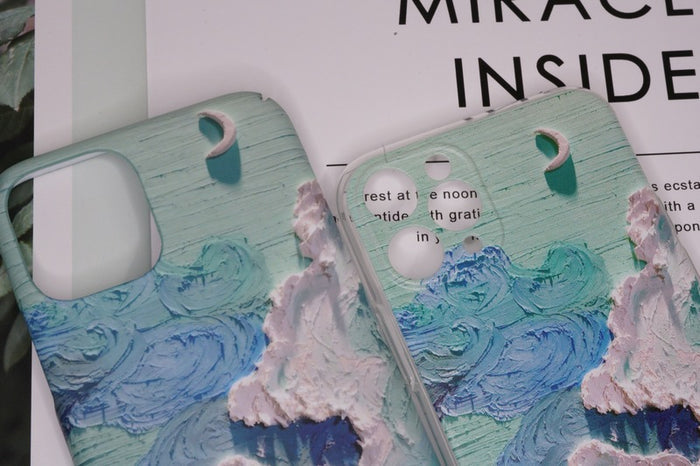 Aesthetic Sky Phone Cases with 3D-like Design: light blue, white moon and cloud sky theme, artistic, dreamy, textured style