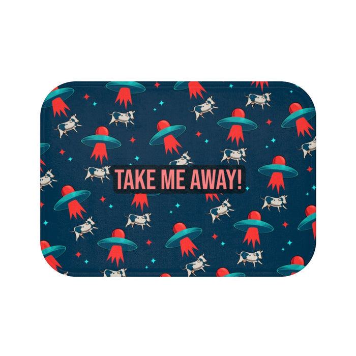 Alien & Bovine Bathroom Rug Home Decor: dark navy blue, red space-themed cows and UFOs, cartoon style