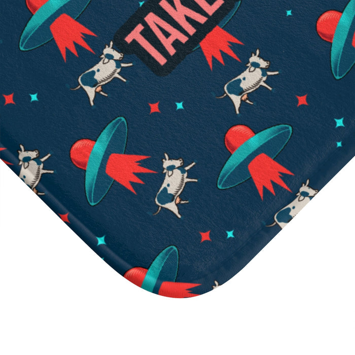 Alien & Bovine Bathroom Rug Home Decor: dark navy blue, red space-themed cows and UFOs, cartoon style