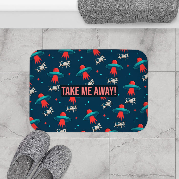 Alien & Bovine Bathroom Rug Home Decor: dark navy blue, red space-themed cows and UFOs, cartoon style