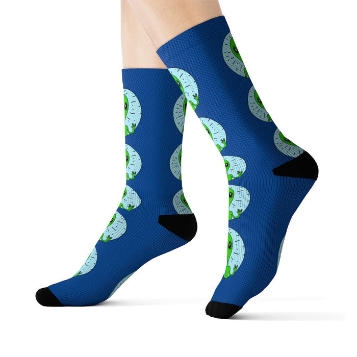 Alien Oddity Socks: blue, black cartoon dinosaur heads