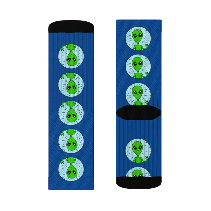 Alien Oddity Socks: blue, black cartoon dinosaur heads