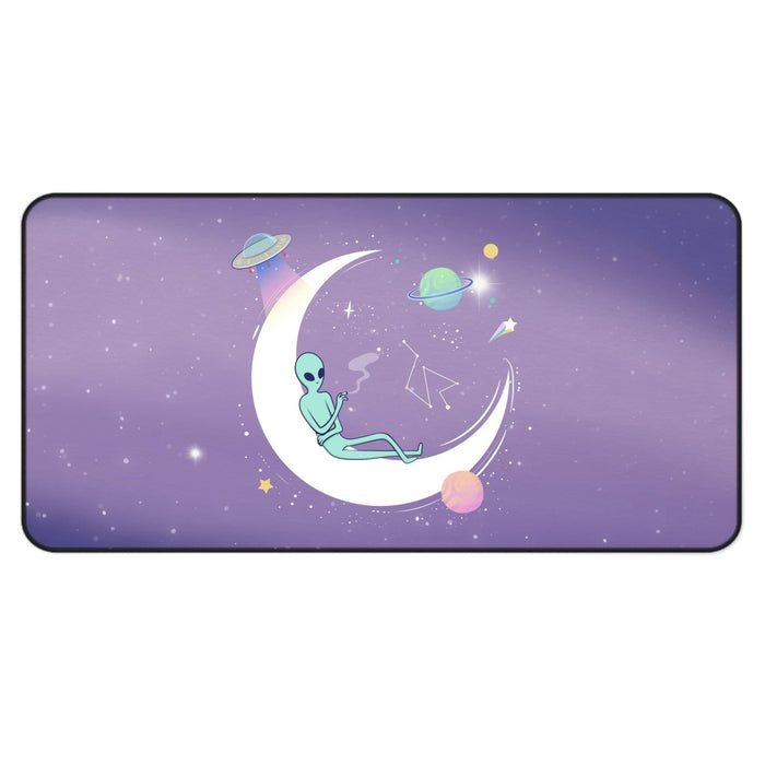 Alien Space Theme Desk Mat: Embrace the Chill: purple, lavender alien in outer space, cartoon kawaii style