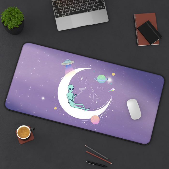 Alien Space Theme Desk Mat: Embrace the Chill: purple, lavender alien in outer space, cartoon kawaii style