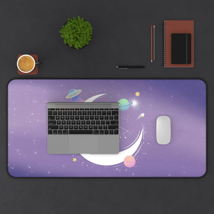 Alien Space Theme Desk Mat: Embrace the Chill: purple, lavender alien in outer space, cartoon kawaii style