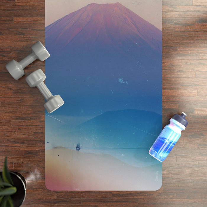 Alpine Horizon Serene Yoga Mat: light blue, peach mountain landscape, minimal scenic illustration style