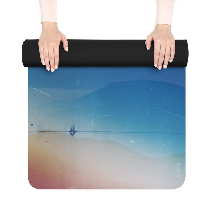 Alpine Horizon Serene Yoga Mat: light blue, peach mountain landscape, minimal scenic illustration style