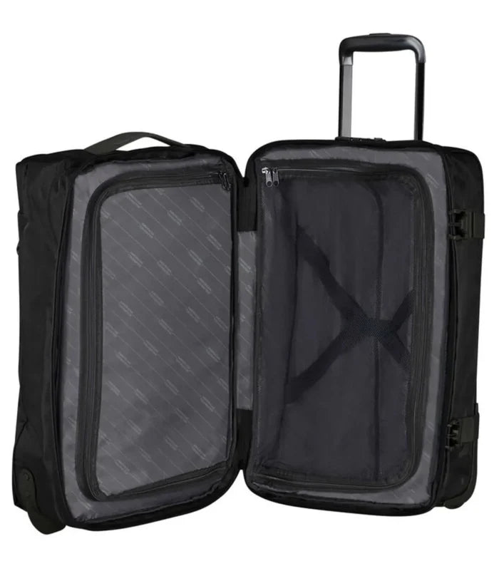 Fixed divider pad in top compartment and elastic straps on the bottom