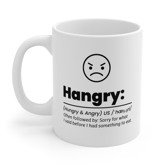 Amusingly Irritable Cup: white, black hangry angry-face graphic, minimal graphic typography style