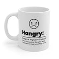 Amusingly Irritable Cup: white, black hangry angry-face graphic, minimal graphic typography style