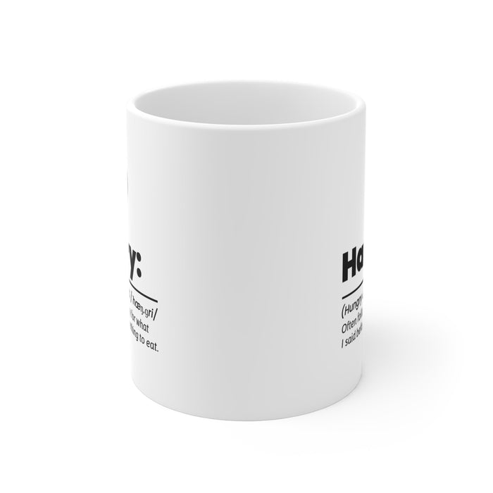 Amusingly Irritable Cup: white, black hangry angry-face graphic, minimal graphic typography style