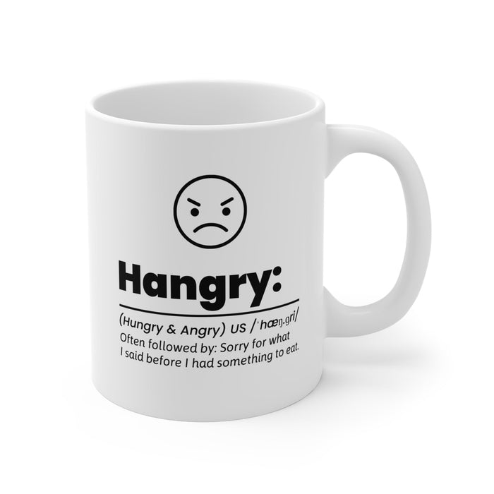Amusingly Irritable Cup: white, black hangry angry-face graphic, minimal graphic typography style