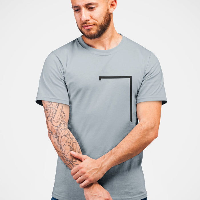 Angle Shaped Men's Tee: A Unique Twist to Your Style: light gray-blue, black short-sleeve T-shirt, minimal style