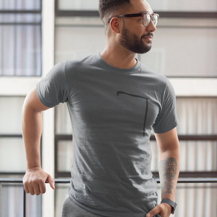 Angle Shaped Men's Tee: A Unique Twist to Your Style: light gray-blue, black short-sleeve T-shirt, minimal style