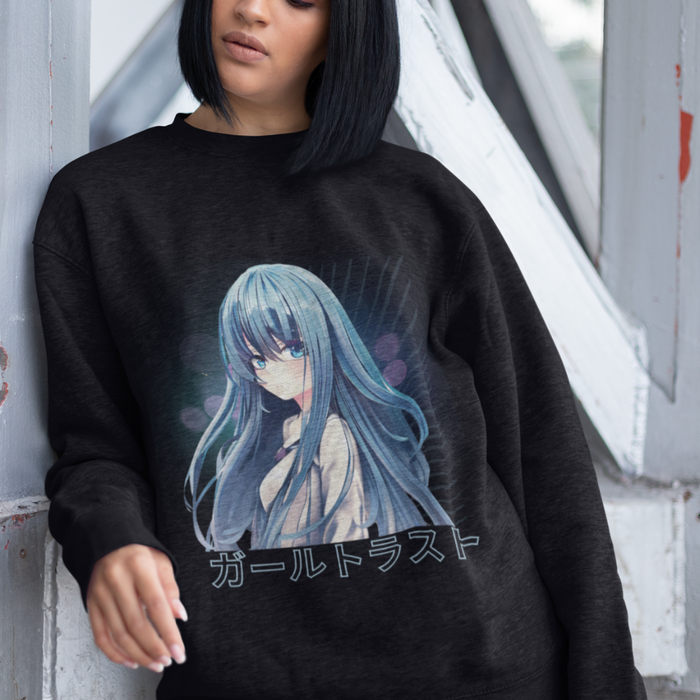 Anime Blue Hair Sweater: black, blue anime-style blue-haired girl character, anime graphic streetwear style