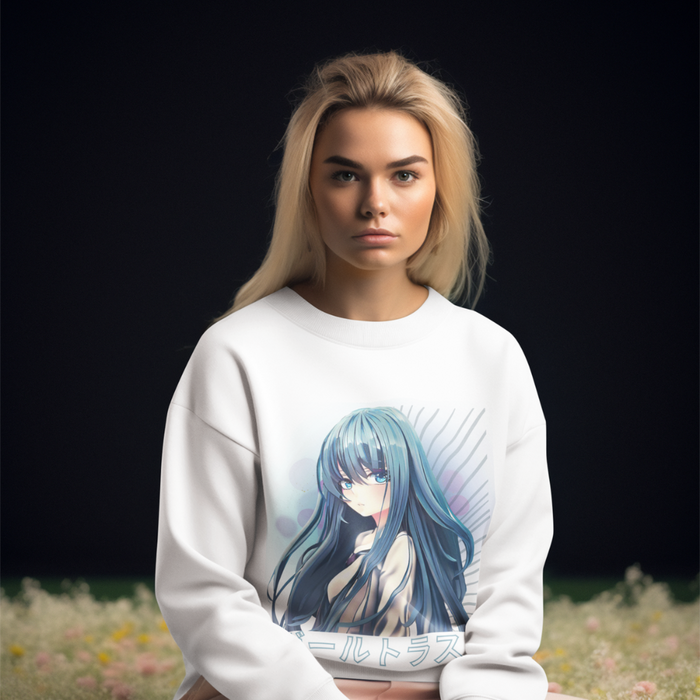 Anime Blue Hair Sweater: black, blue anime-style blue-haired girl character, anime graphic streetwear style