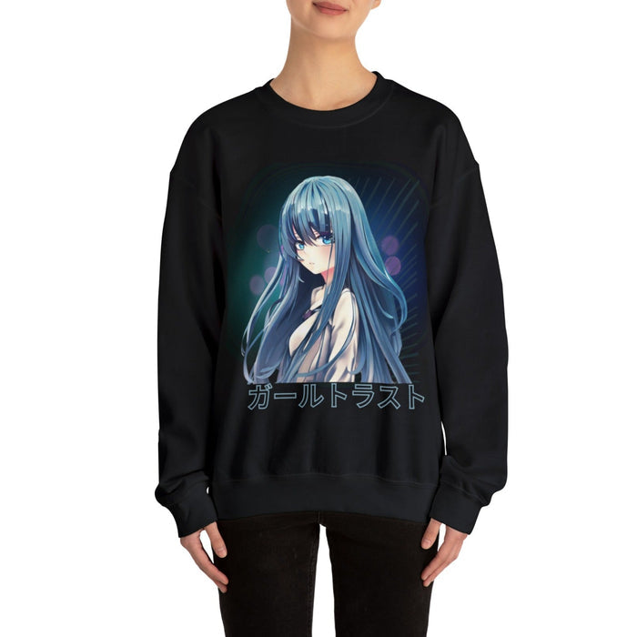 Anime Blue Hair Sweater: black, blue anime-style blue-haired girl character, anime graphic streetwear style