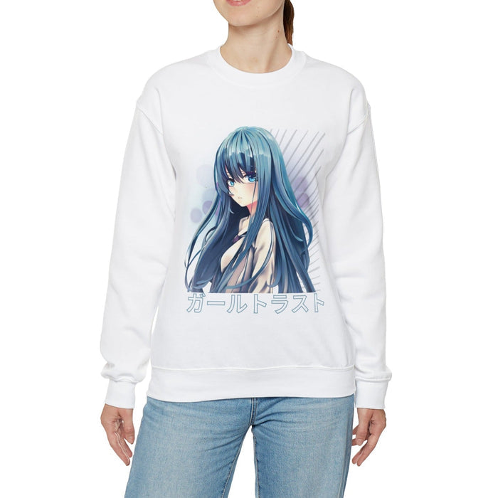 Anime Blue Hair Sweater: black, blue anime-style blue-haired girl character, anime graphic streetwear style