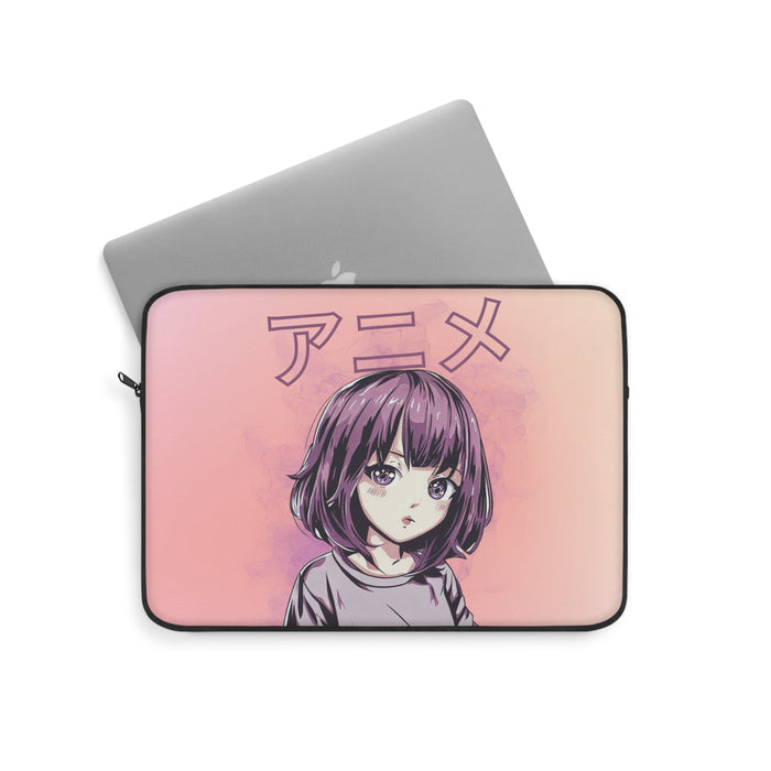 Anime Girl Laptop Sleeve with Vibrant Purple Hair: pink, peach anime-style girl character, anime, cartoon style