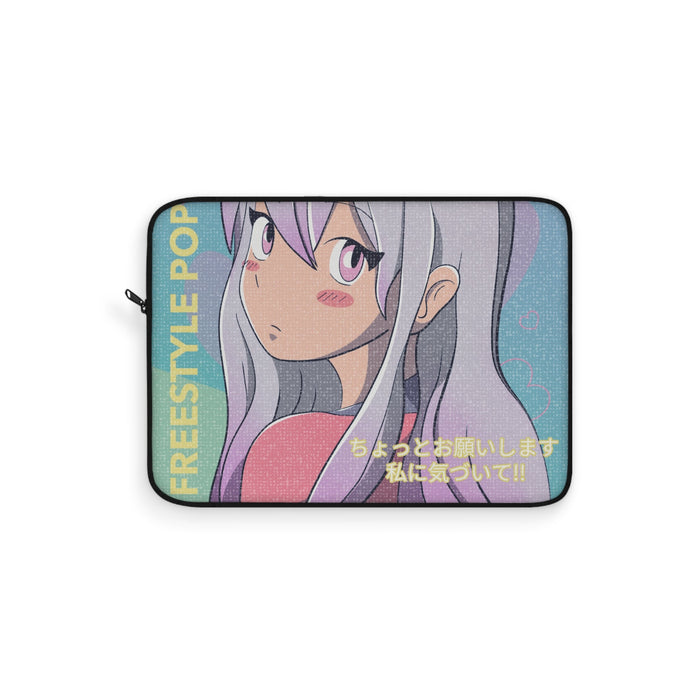 Anime-inspired Laptop Sleeve with a Pop Style Twist: light blue, lavender anime-style girl character, anime cartoon style