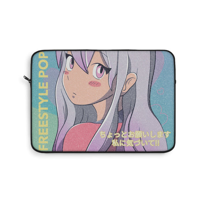 Anime-inspired Laptop Sleeve with a Pop Style Twist: light blue, lavender anime-style girl character, anime cartoon style
