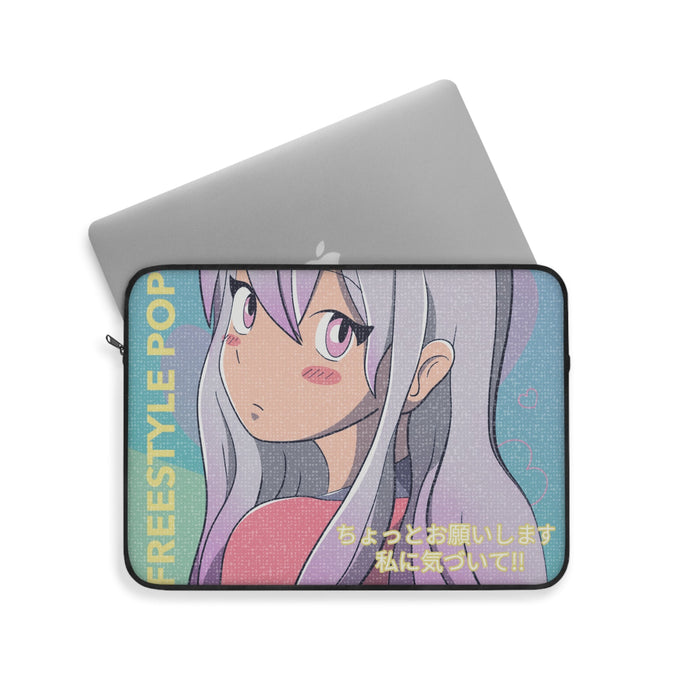 Anime-inspired Laptop Sleeve with a Pop Style Twist: light blue, lavender anime-style girl character, anime cartoon style