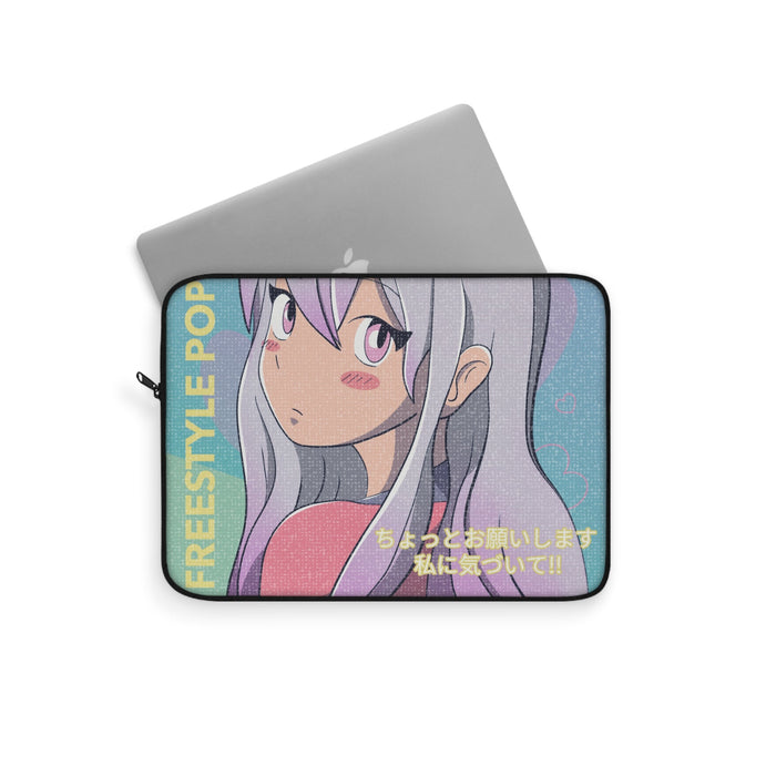 Anime-inspired Laptop Sleeve with a Pop Style Twist: light blue, lavender anime-style girl character, anime cartoon style