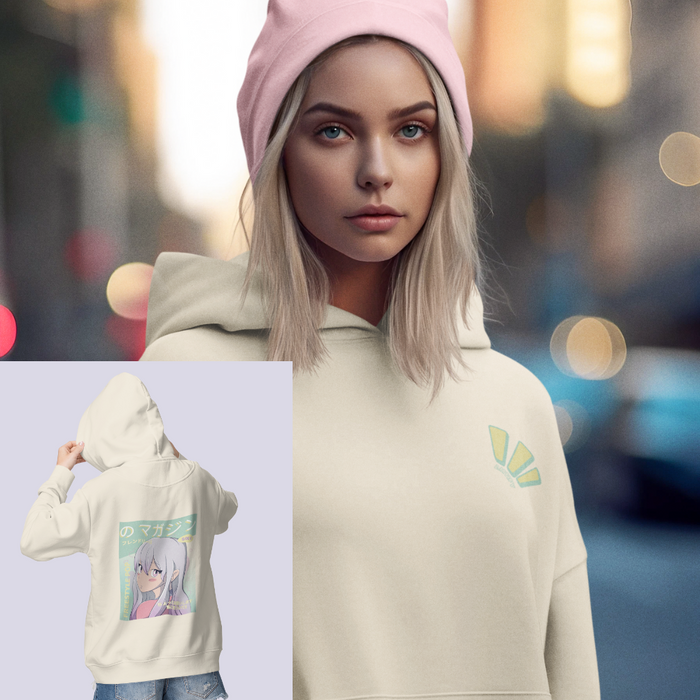Anime Mango Logo Hoodie: off-white, pale green anime-style girl graphic, minimal streetwear with anime graphic style
